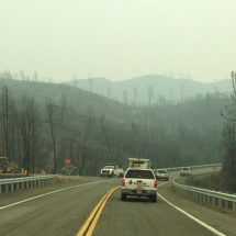 Following a Pilot Car Through the Aftermath of the Carr Fire, West of Redding, CA, August, 2018. Fire crews were still on the scene. Following Pilot Car Through Aftermath of Carr Fire, West of Redding, CA, Vince Pitelka, August, 2018