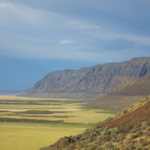Poker Jim Rim, Hart Mountain Antelope Refuge, with ancient lake shorelines clearly visible on the lower slopes, southeastern Oregon, 2014. Poker Jim Rim, Hart Mountain Antelope Refuge, OR, with ancient lake shorelines. Vince Pitelka, 2014.