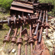 Stamp Battery Remnants, May Lundy Mine, Lake Canyon, Hoover Wilderness, CA, 2013. When a wood-frame stamp-mill burns, this is what's left. Mill Machinery, May Lundy Mine, Lake Canyon, Hoover Wilderness, CA, Vince Pitelka, 2013