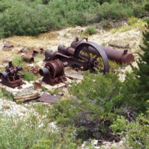 Mill Machinery, May Lundy Mine, Lake Canyon, Hoover Wilderness, CA, 2013 - two very early electric motors, a large two-cylinder horizontal air compressor, and a pressure tank. Mill Machinery, May Lundy Mine, Lake Canyon, Hoover Wilderness, CA, Vince Pitelka, 2013