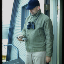 52, June - Barrow, FAP with ruddy turnstone Frank Pitelka holding Ruddy Turnstone, NARL, Point Barrow, AK, 1952