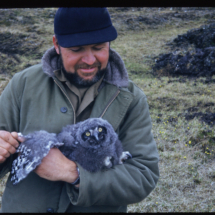 53, July 15, FAP with young snowy owl Frank Pitelka with young Snowy Owl, Point Barrow, AK, 1953