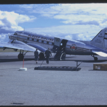 53, July 22 - Fairbanks, plane for Anchorage Boarding DC-3 at Fairbanks, heading for Anchorage, AK, 1953, photo by Frank Pitelka